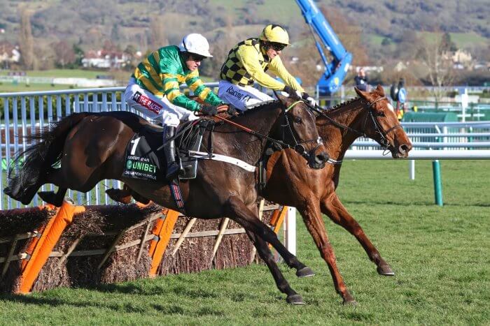 Buveur d’Air and Barry Geraghty land level with Melon under Paul Townend, en route to their 2018 Champion Hurdle victory.