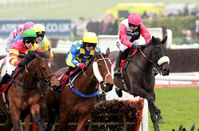 Big Buck’s sits in behind the leaders, after the first circuit in the 2012 Stayers’ Hurdle.