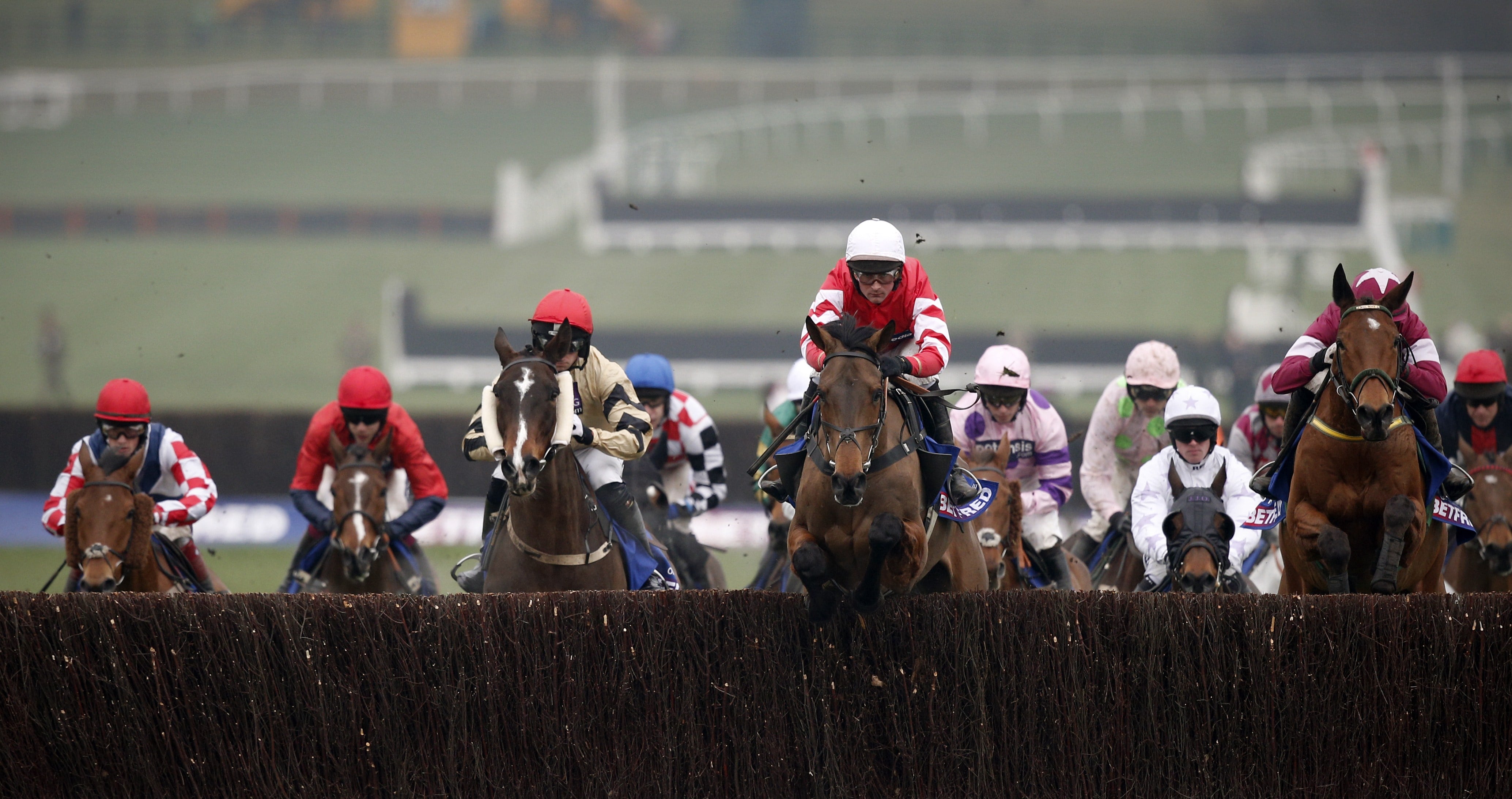 Big Buck’s sits in behind the leaders, after the first circuit in the 2012 Stayers’ Hurdle.