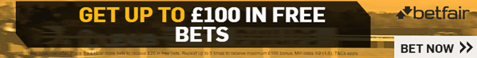 New customer offer. Place 5 x €/£10 or more bets to receive €/£20 in free bets. Repeat up to 5 times to receive maximum €/£100 bonus. Min odds 1/2 (1.5). Exchange bets excluded. T&Cs apply.