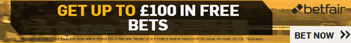 Get up to £100 in free bets when you join Betfair! Place 5 bets of £10 or more and get a £20 free bet. New customer offer. Place 5 x £10 or more bets to receive £20 in free bets. Repeat up to 5 times to receive maximum £100 bonus. Min odds 1/2 (1.5). Exchange bets excluded. T&Cs apply betfair sign up standard
