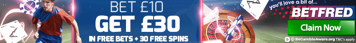 Bet £10 and get £30 in free bets & 30 free casino spins when you join Betfred! (T&Cs apply)