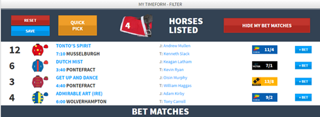 My Timeform Filter Bet Matches