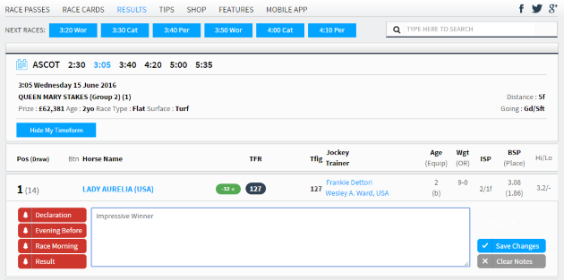 My Timeform Tracker Results Screen