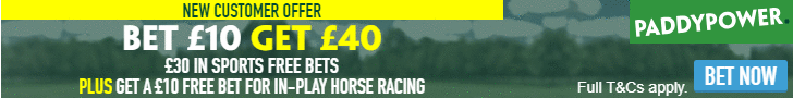 New customers only, place a €/£10 bet on any Sports market - min stake €/£10, min odds 1/2 (1.5) & get €/£30 in free bets + a €/£10 free bet on in-play Horse Racing. Only deposits made using Cards or Paypal will qualify for this promotion. Free bets are valid for 30 days and must be used on a Sports market. After the the qualifying bet has settled, €/£30 in free bets will awarded automatically & in-play racing free bet will be available to claim from the promo hub. T&Cs apply. pp b10g40